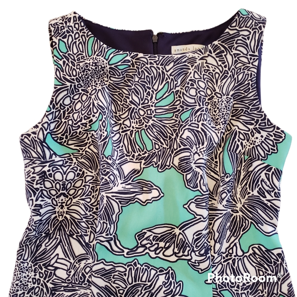 Like NEW Amanda Lane 4P navy blue and seafoam green floral dress
